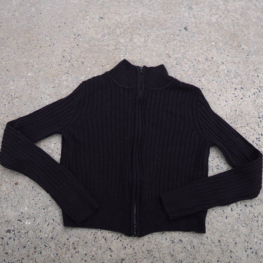 Divided Black Ribbed Knit Full Zip Mock Neck Cropped Sweater Size M Cozy Casual